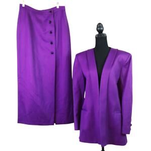Vintage 80s Raffinalla Purple WOOL Midi Long Skirt Suit Mid Length Jacket Retro